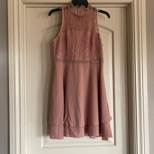 Mauve, high neck, a line dress with beautiful texture and detail.